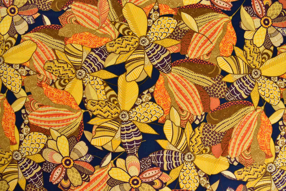Luxury Printed Cotton Lawn - Grant - Orange and Navy