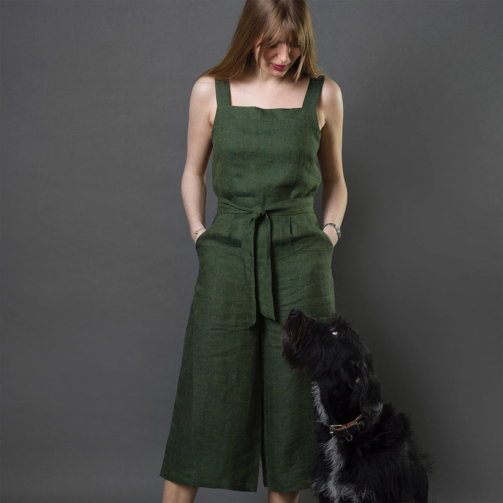 green colour herringbone weave linen dress with dog