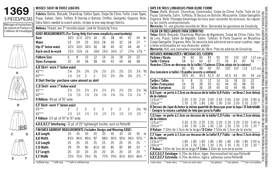 Simplicity - 1369 Misses' Skirts in Three Lengths
