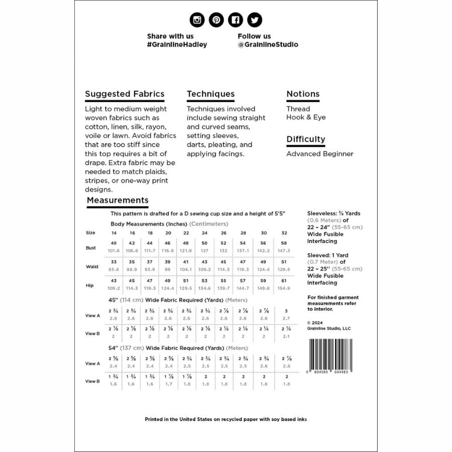 Grainline Studio - Hadley Top - Sizes 0-32