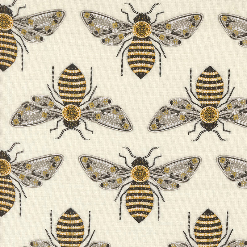 Printed Cotton Poplin - Bee Garden - Bumble Bee - Porcelain