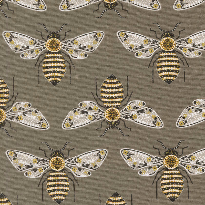 Printed Cotton Poplin - Bee Garden - Bumble Bee - Slate