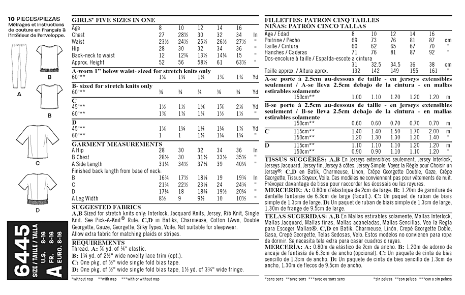 New Look 6445 - Girl's Kimono, Knit Top and Leggings