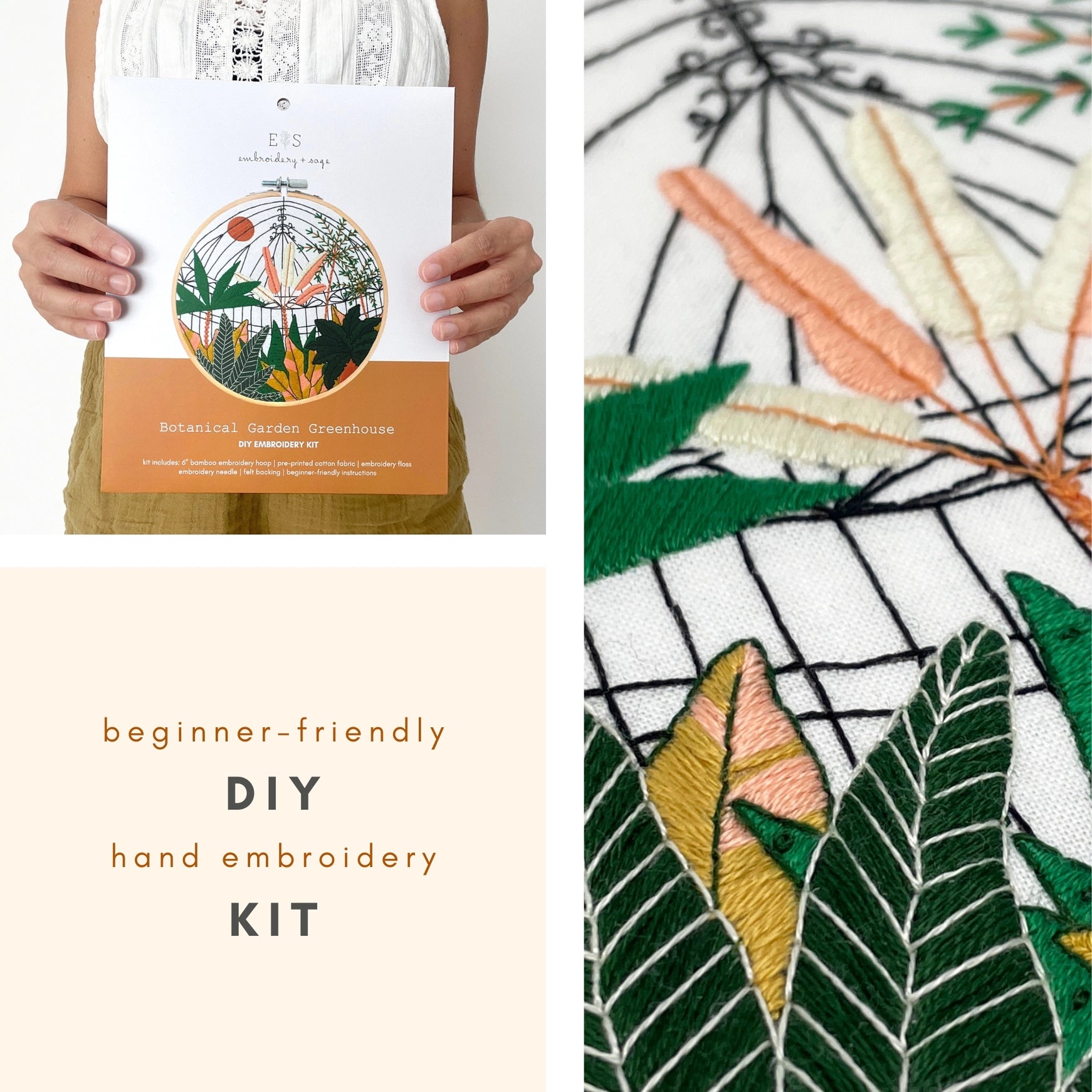 Embroidery and Sage Embroidery Kit - Botanical Greenhouse Garden