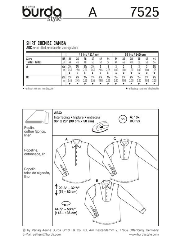 Burda 7525 Mens' Long Sleeve Shirt Pattern