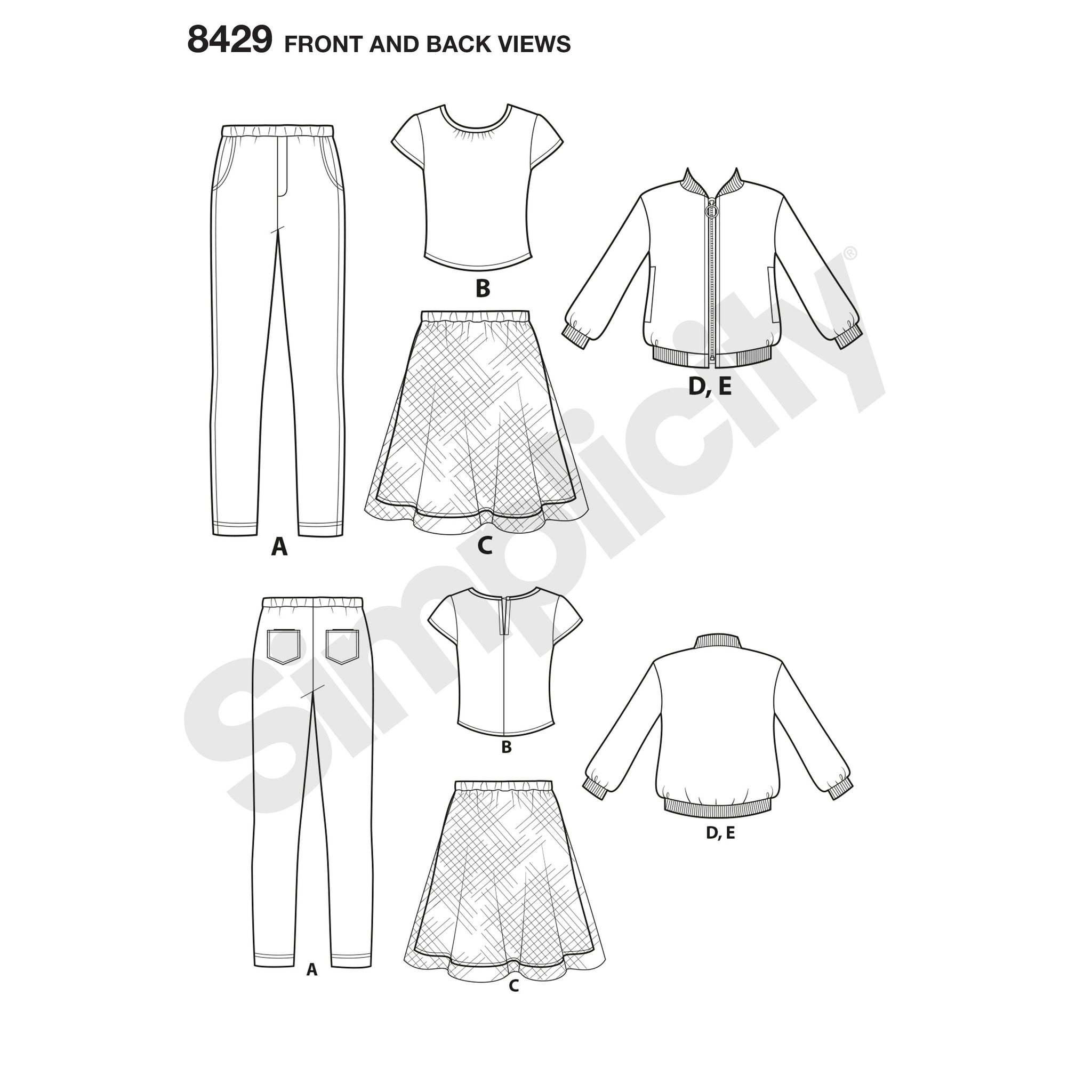 Simplicity 8429 Child's & Girls' Bomber Jacket, Skirt, Leggings and Top