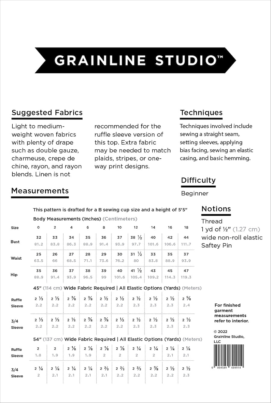 Grainline Studio - Corin Top - Sizes 0-18