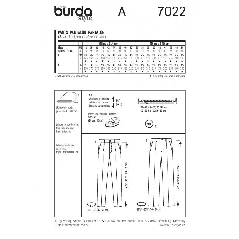 Burda Men's 7022 - Mens Trousers