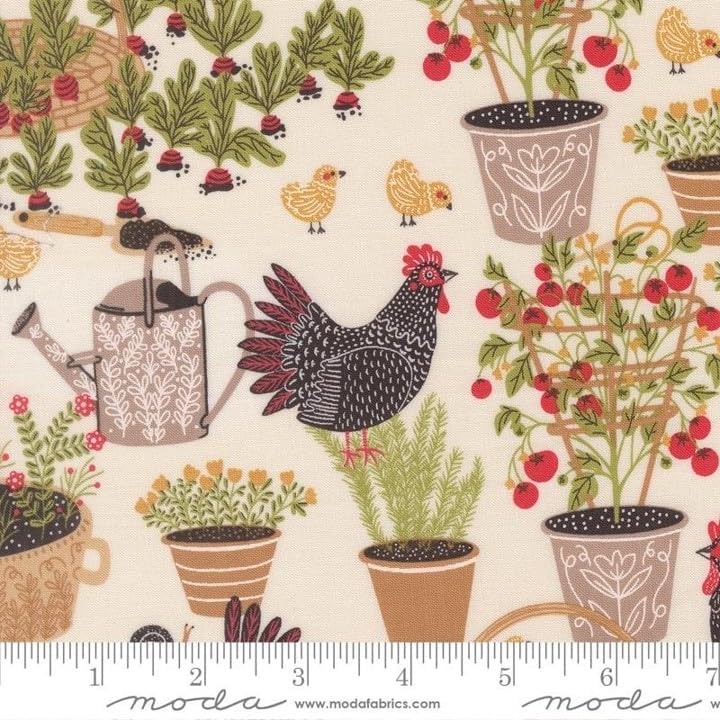 Printed Cotton Poplin - Gingiber - The Henhouse - Hens in the Garden - Cloud