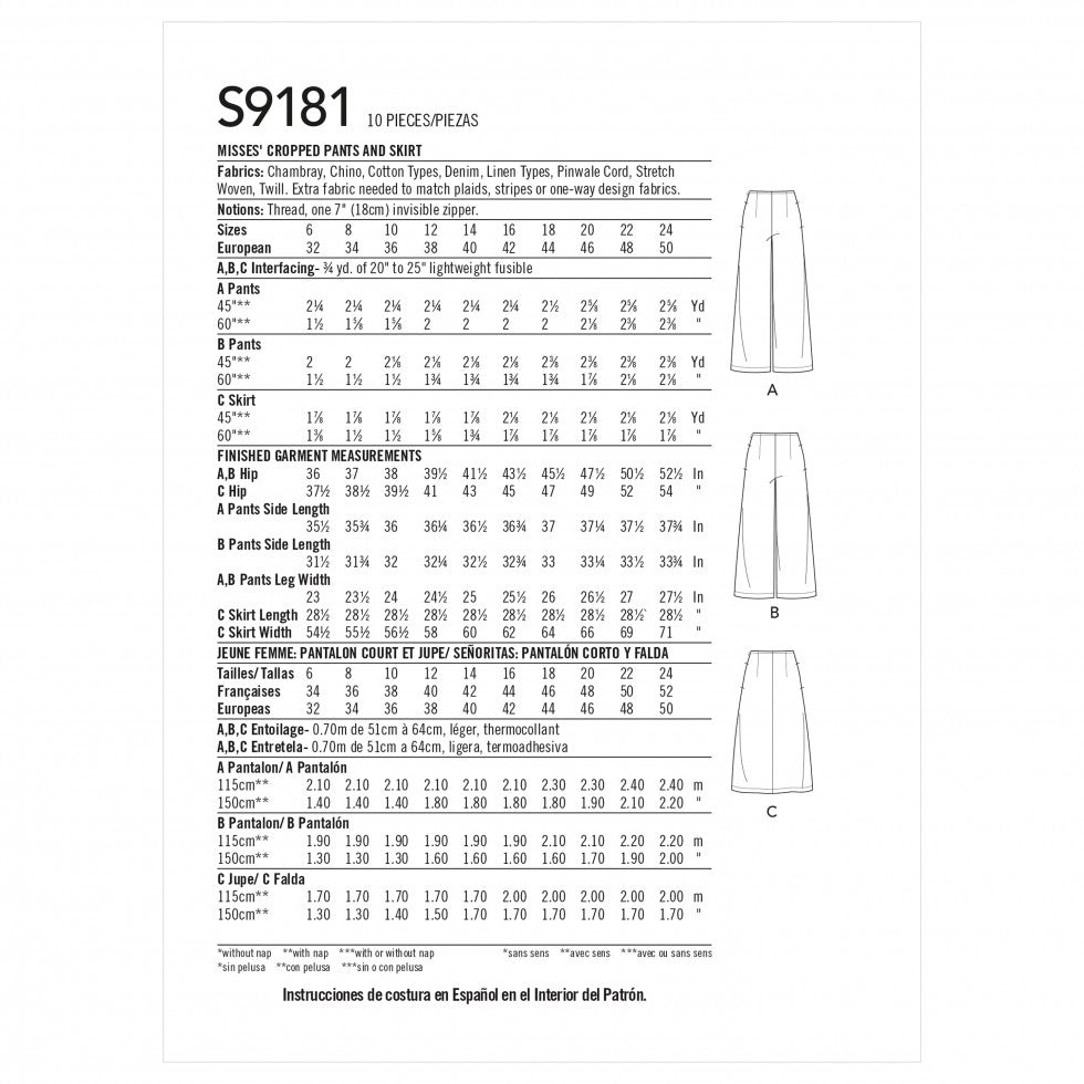 Simplicity 9181 - Cropped Trouser and Skirt