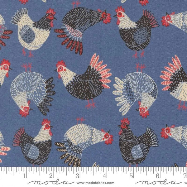 Printed Cotton Poplin - Gingiber - The Henhouse - Tossed Chickens - Cobalt