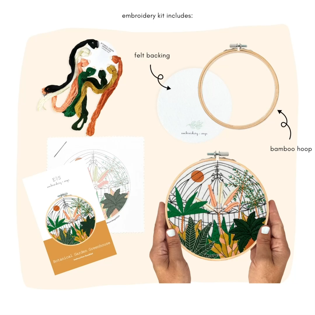 Embroidery and Sage Embroidery Kit - Botanical Greenhouse Garden