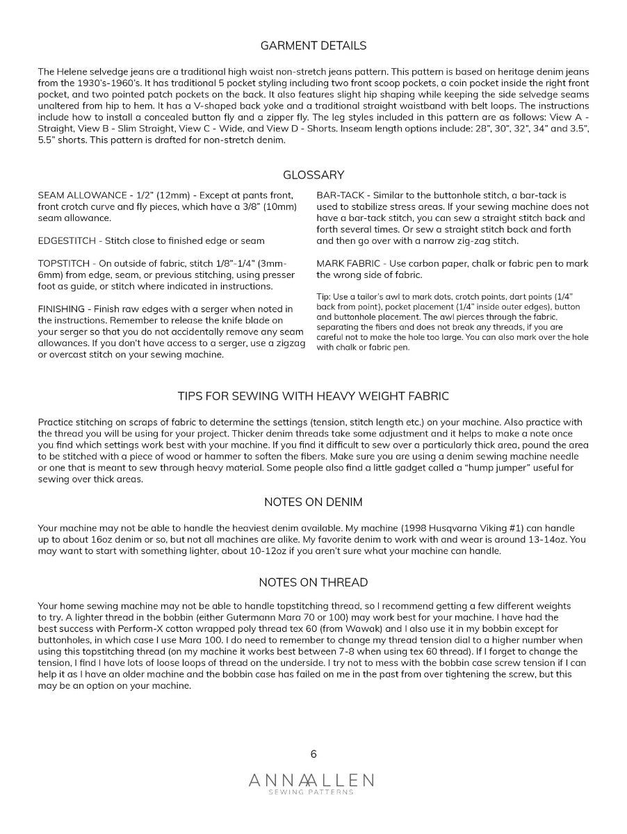 Anna Allen Clothing - Helene Selvedge Jeans UK 18-36 - PDF Pattern