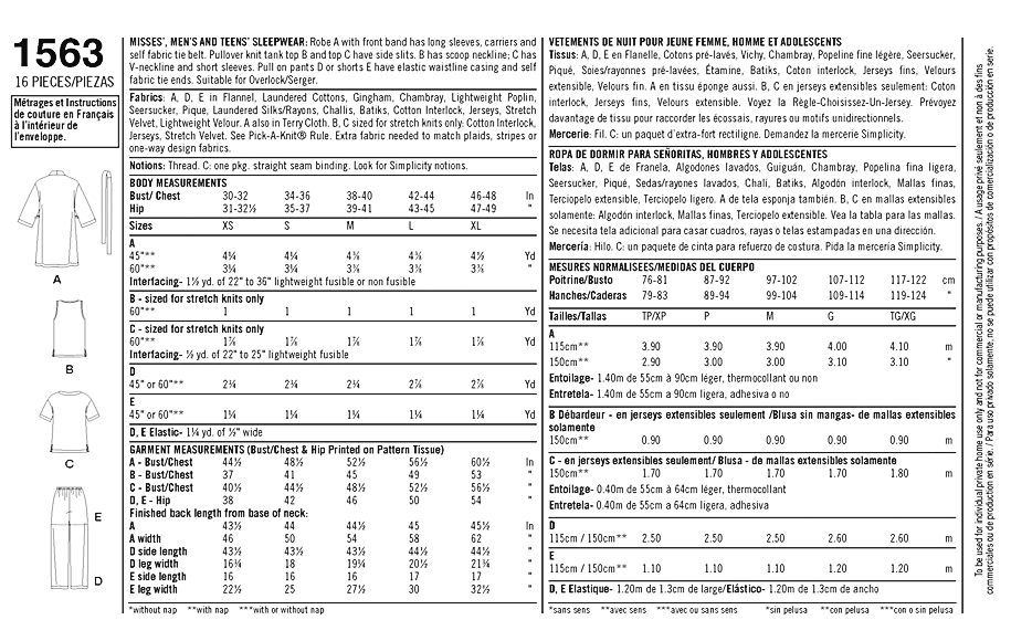 Simplicity Unisex & Teen 1563 - Sleepwear