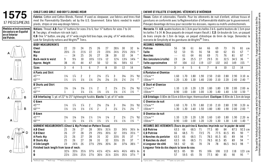 Simplicity Children 1575 - Sleepwear