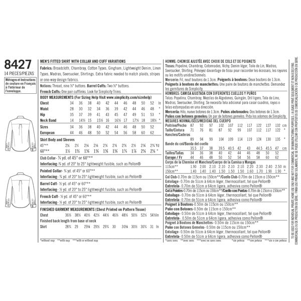 Simplicity Mens' 8427 - Men's Fitted Shirt with Collar and Cuff Variations