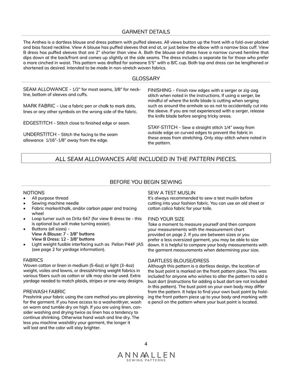 Anna Allen Clothing - Anthea Blouse & Dress - PDF Pattern