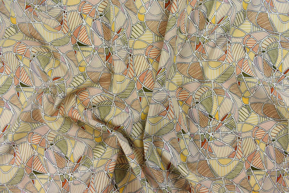 colourful beige printed light weight drapey cotton lawn fabric