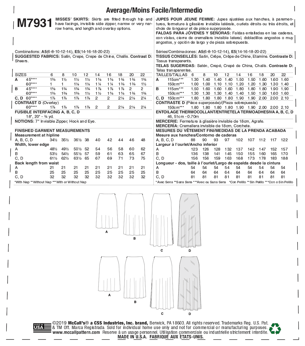 McCall's 7931 - Misses' Skirts - Bias Cut