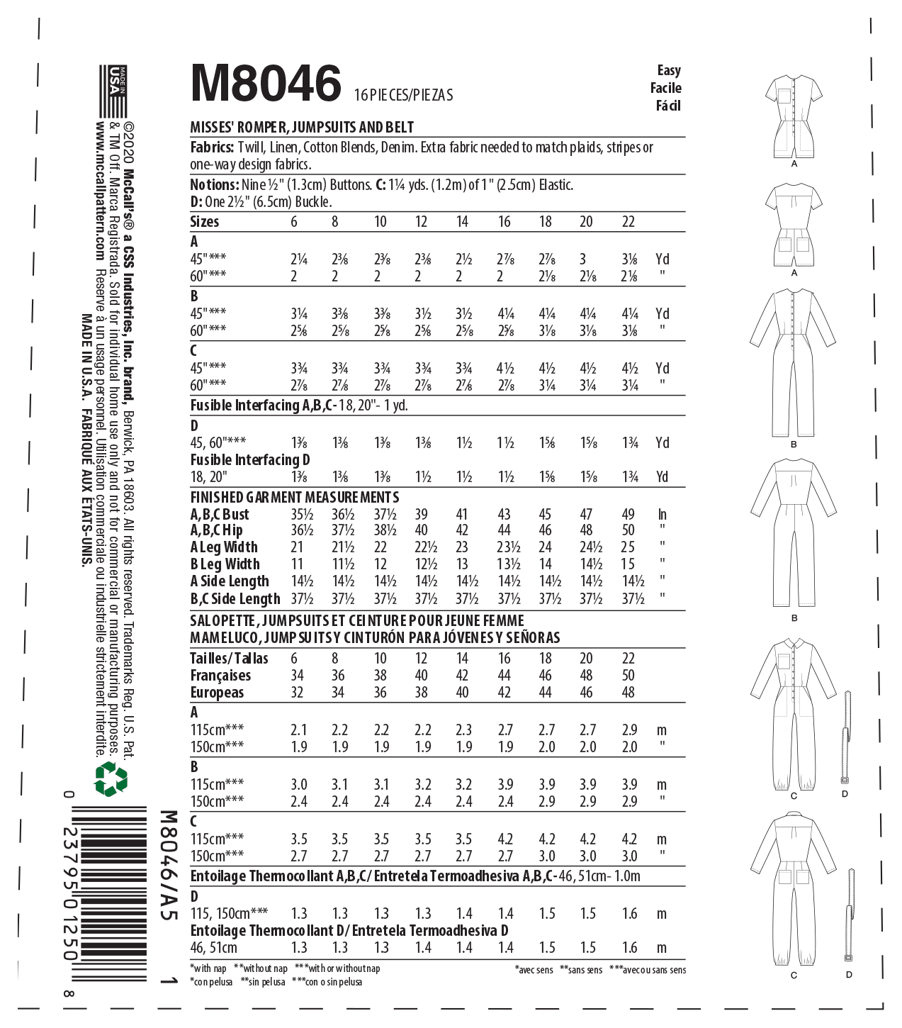 McCall's 8046 - Misses Romper, Jumpsuit, & Belt #TrudyMcCalls
