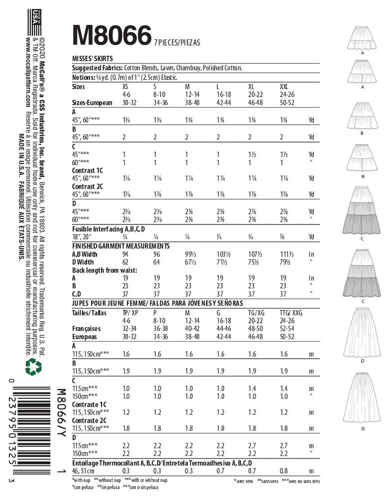 McCall's 8066 - Misses' Pull-On Gathered Skirts with Tier #PosieMcCalls