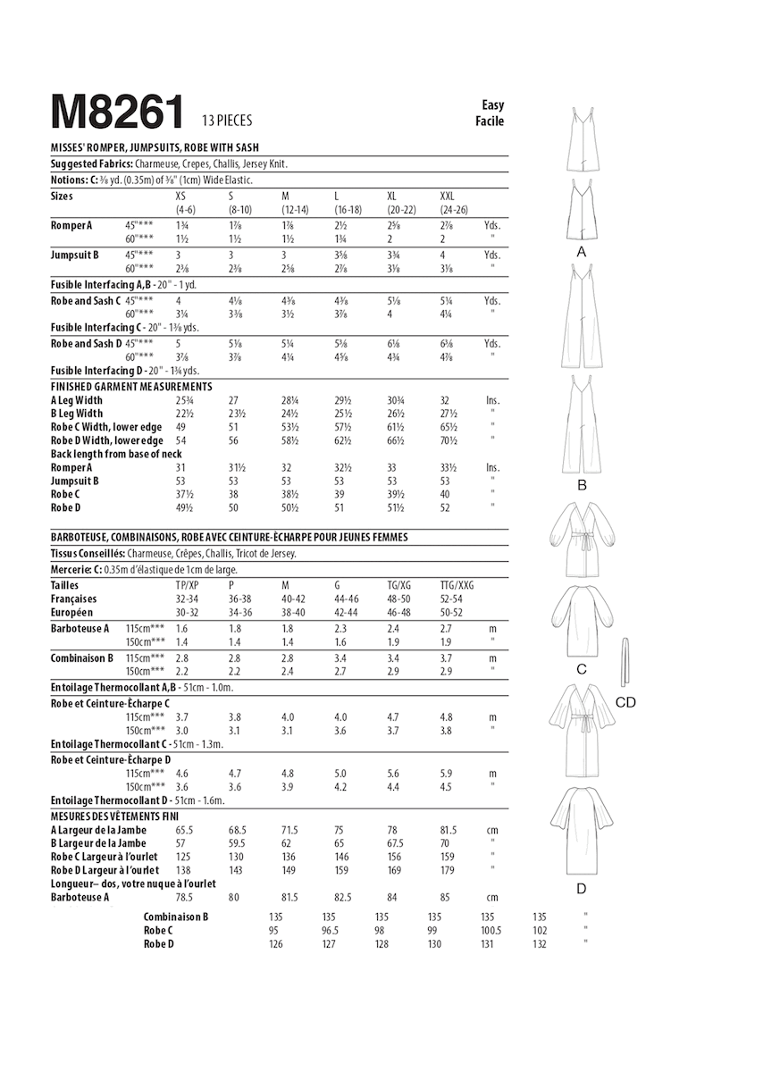 McCalls 8261  - Misses' Playsuit, Jumpsuit, Robe with Sash