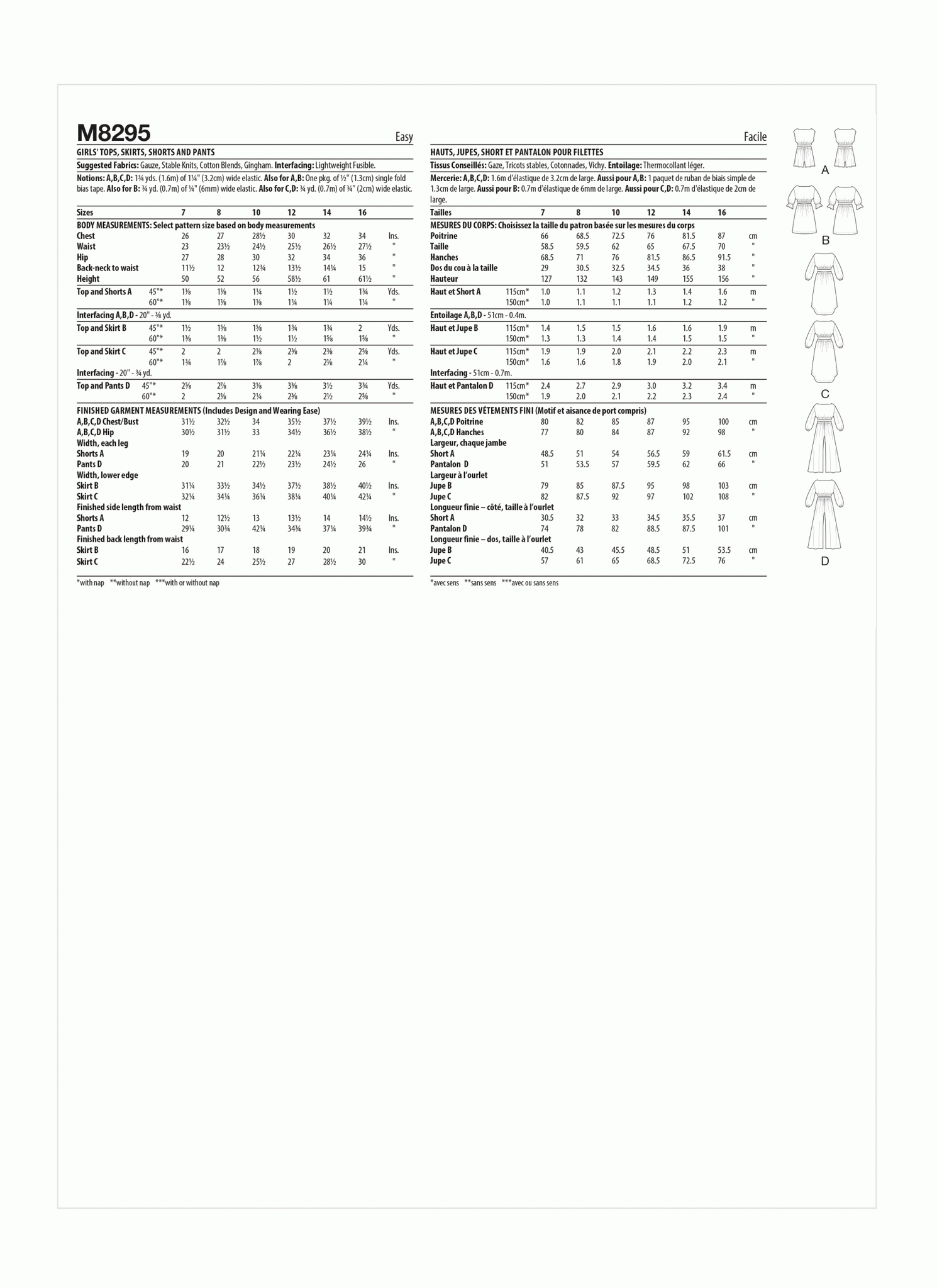 McCall's Girl's 8295 - Tops, Skirts, Shorts and Trousers