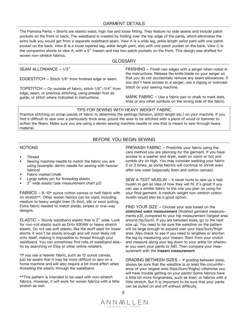 Anna Allen Clothing - Pomona Pants and Shorts - PDF Pattern