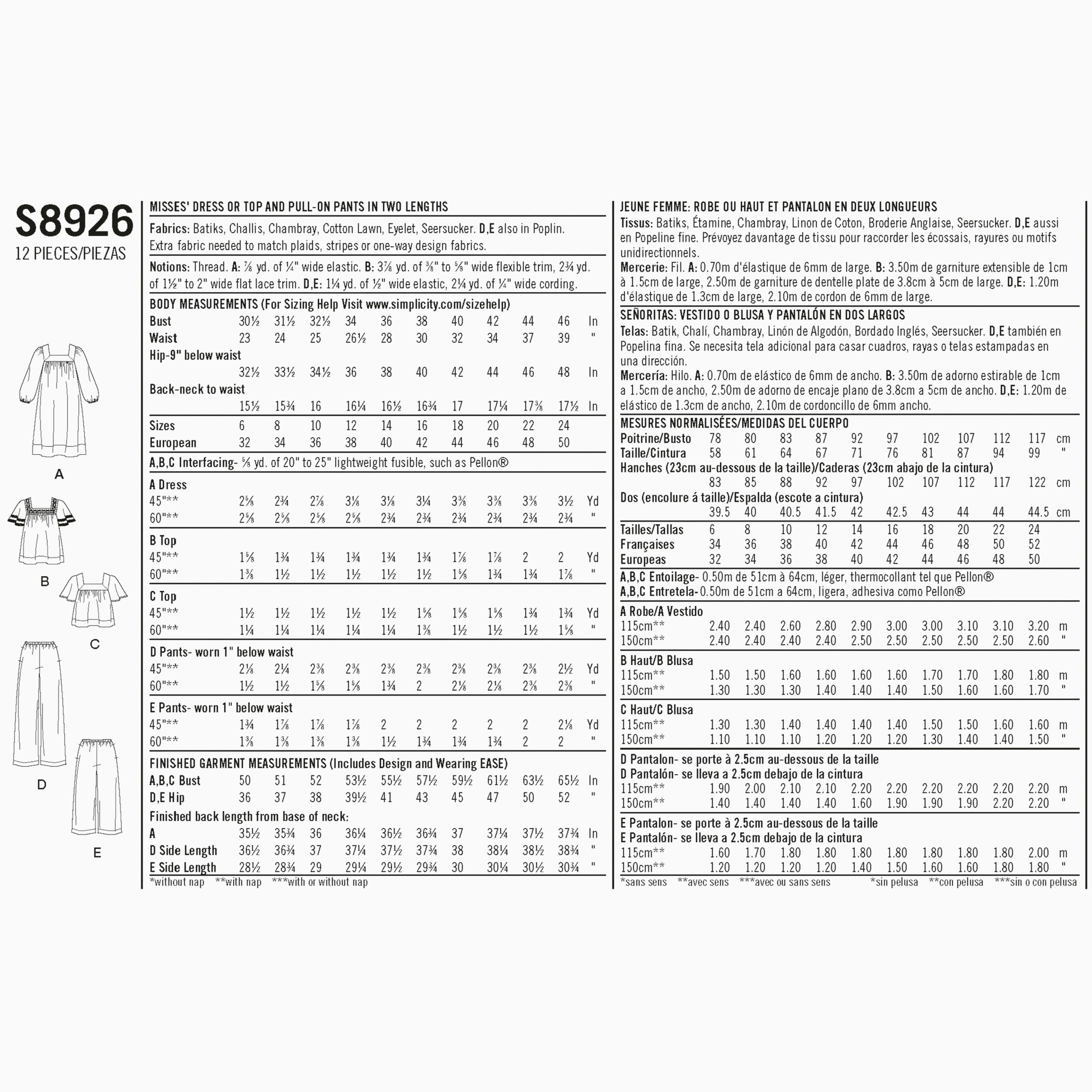 Simplicity 8926 - Dress, Tops, and Pants