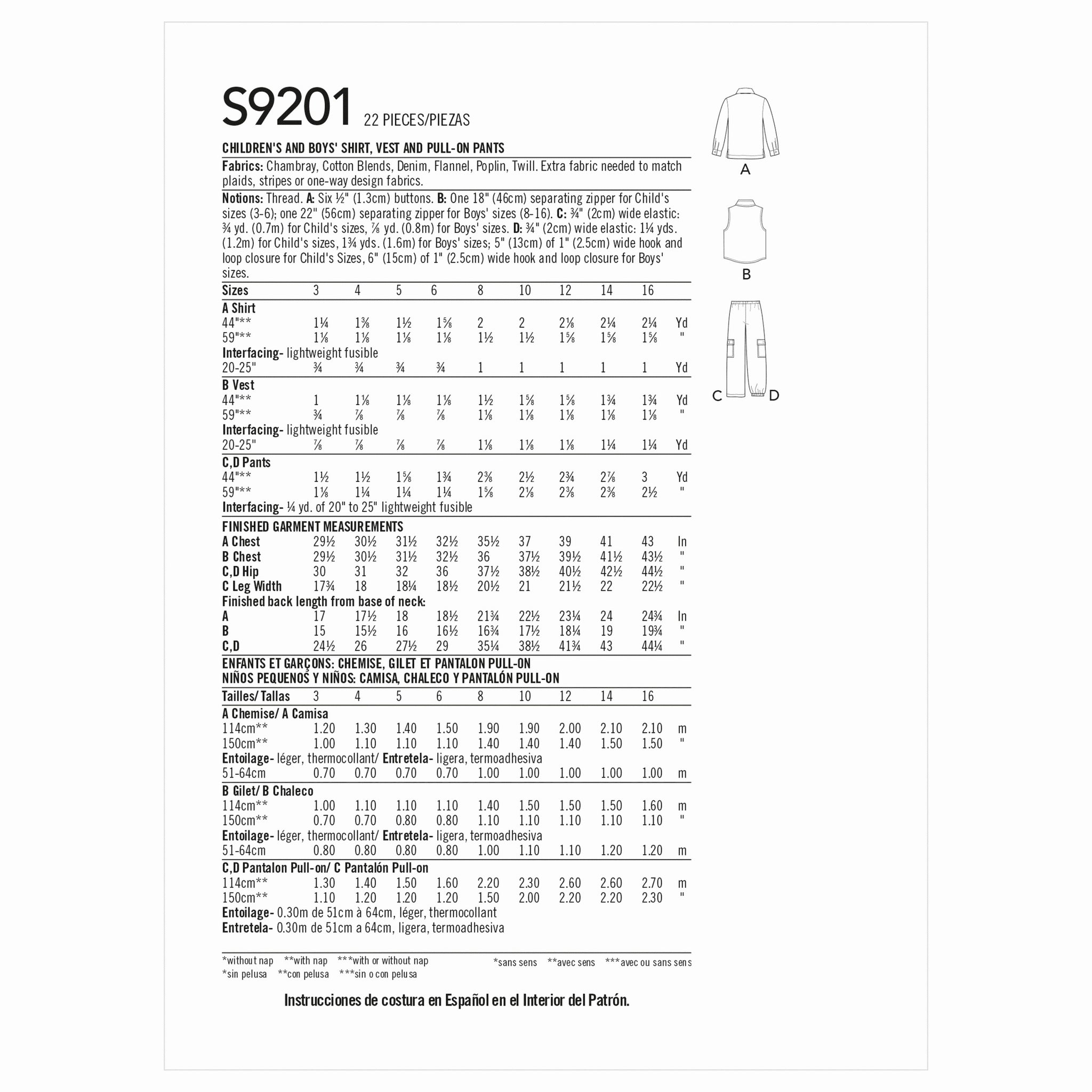 Simplicity Children 9201 - Children's and Boys' Shirt, Waistcoat and Pull-On Trousers