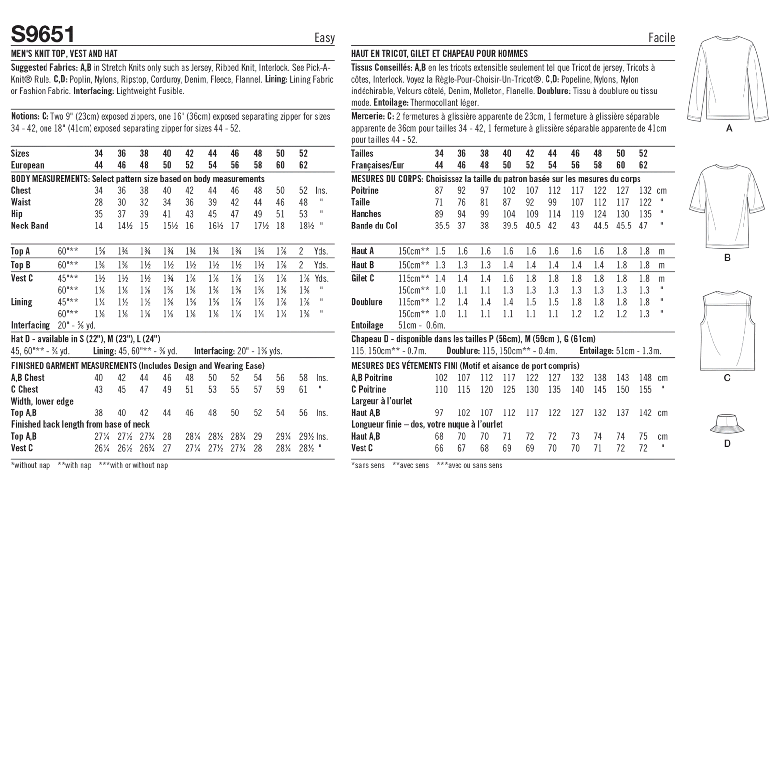 Simplicity Men's 9651 - Men's Knit Top, Waistcoat and Hat