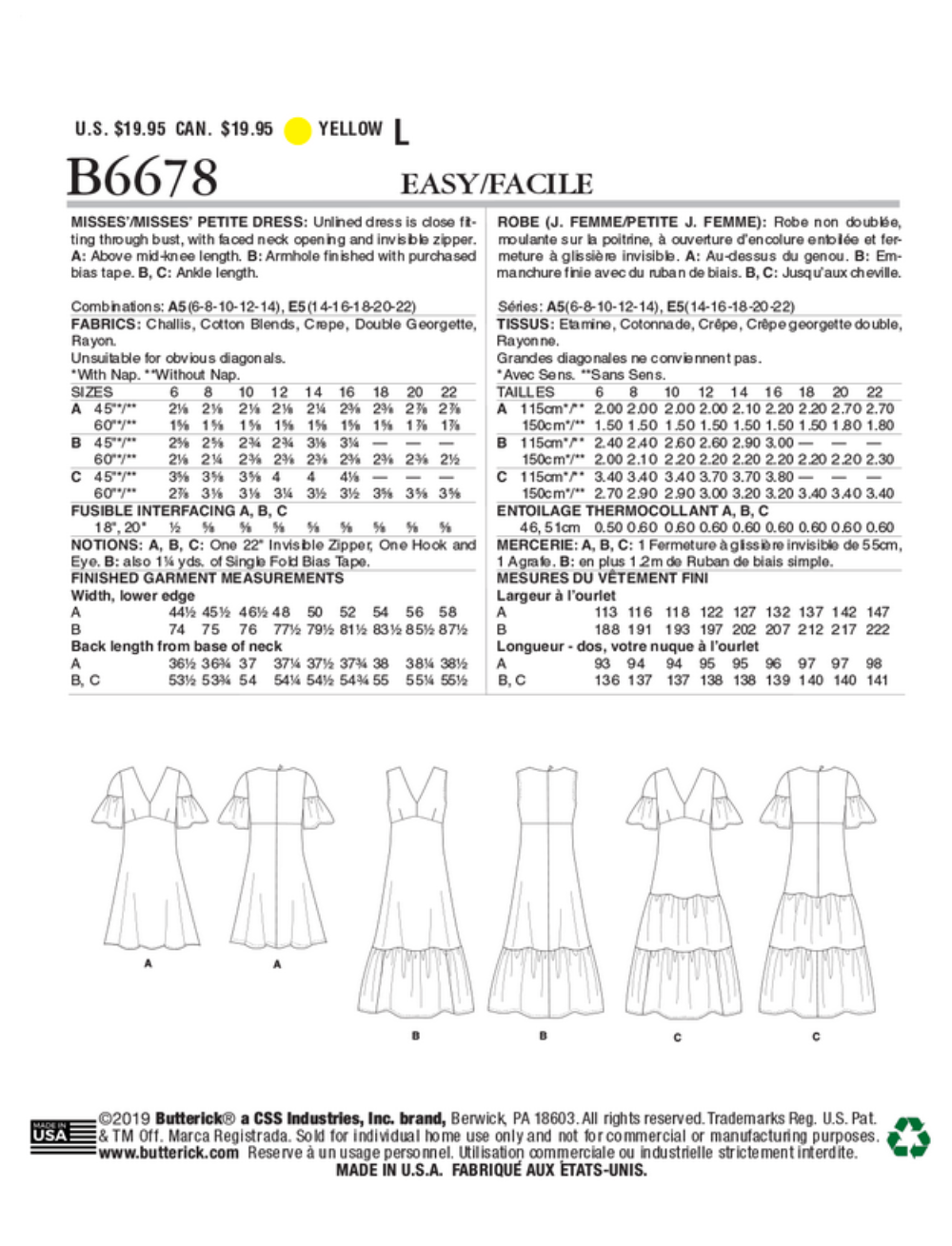 Butterick 6678 - Unlined Dress