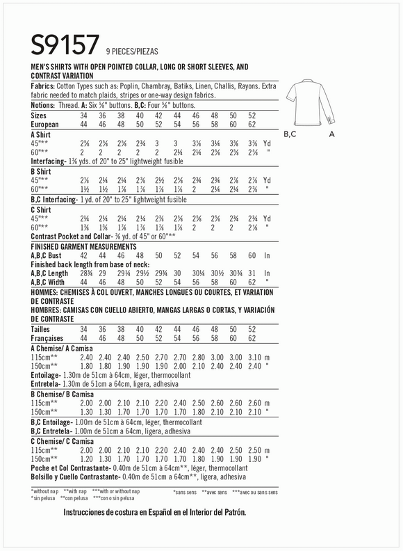 Simplicity Men's 9157 - Shirt with Sleeve Variations