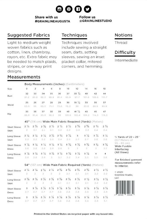 Grainline Studio - Augusta Shirt and Dress - Sizes 4-34