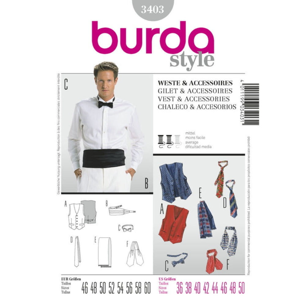 Burda Men's 3403 - Waistcoat & Suit Accessories
