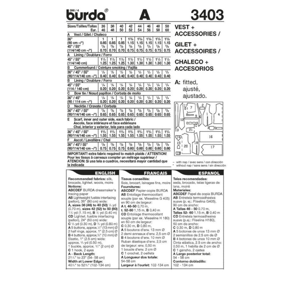 Burda Men's 3403 - Waistcoat & Suit Accessories