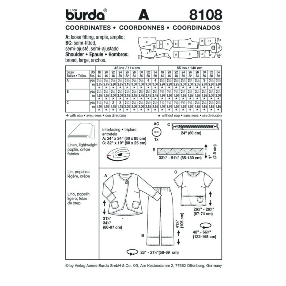 Burda 8108 - Plus Size Top, Jacket & Trousers