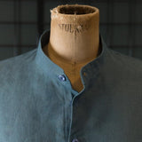 light blue coloured and washed european linen fabric collarless shirt