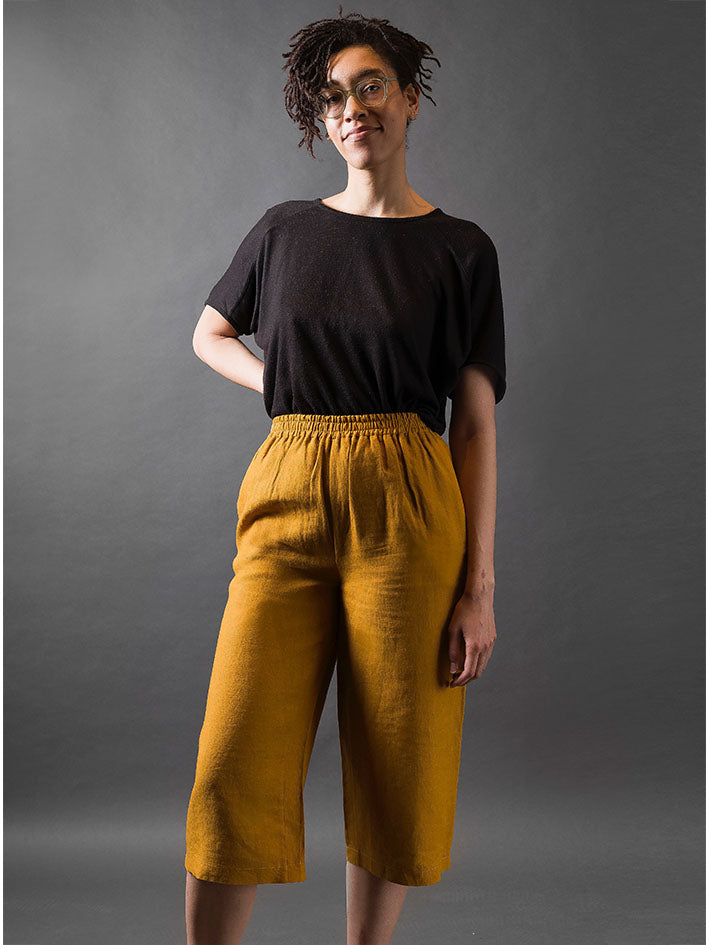 mustard yellow coloured and washed european linen fabric culottes 