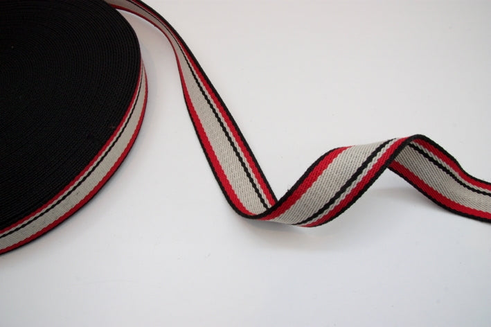 Stripe Strap Webbing 38mm - Black/Red/Cream Striped