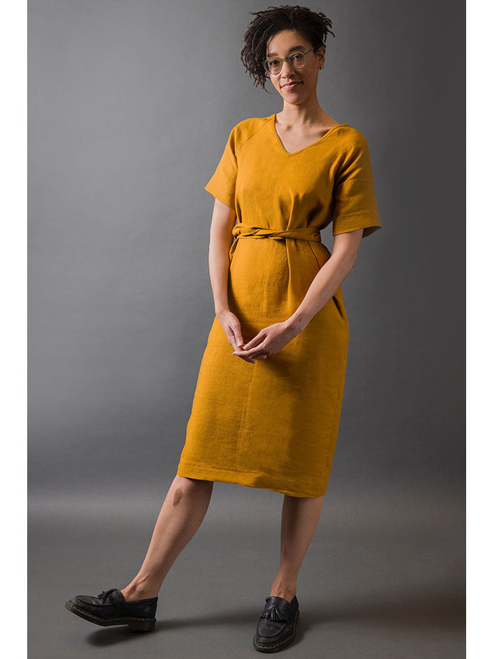 mustard yellow or orange coloured and washed european linen fabric tie dress with v neck