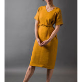 mustard yellow or orange coloured and washed european linen fabric tie dress with v neck