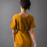 mustard yellow or orange coloured and washed european linen fabric tie dress