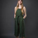 green colour herringbone weave linen dress with straps