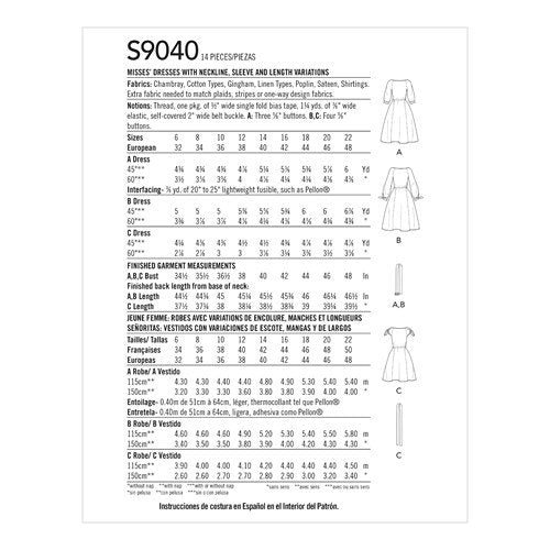 Simplicity 9040 - Misses' Dresses With Neckline, Sleeve & Length Variations
