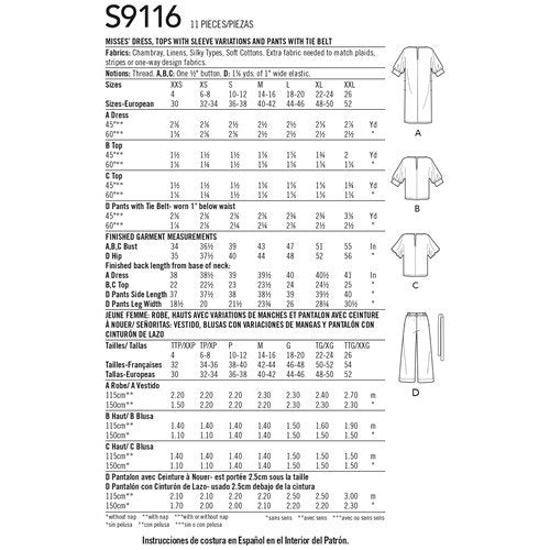 Simplicity 9116 - Misses' Dress, Tops With Sleeve Variation & Pants With Tie Belt