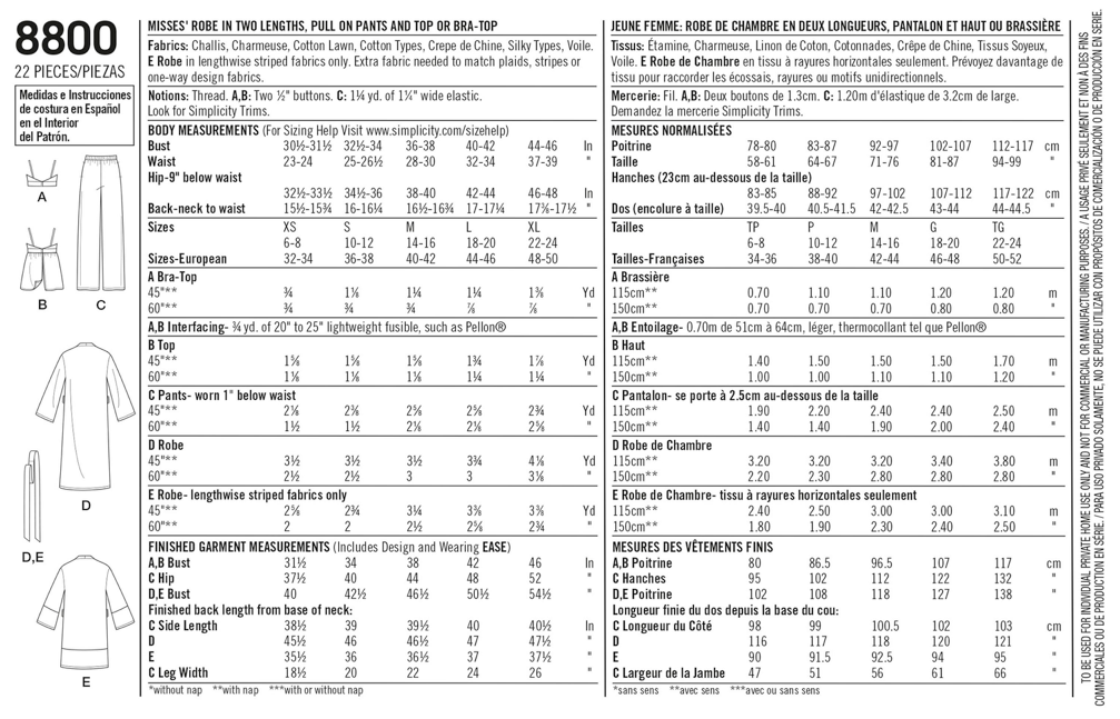 Simplicity 8800 - Misses' Robe, Trousers, Top and Bralette