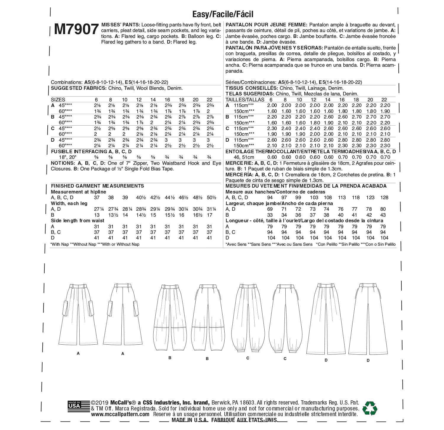 McCall's 7907 - Misses' Pants