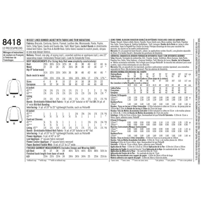 Simplicity 8418 - Zip-Up Bomber Jacket