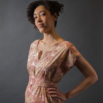 pink printed light weight drapey cotton lawn fabric made into a dress